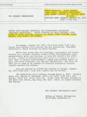 Press Releases depicts: Typewritten description of exhibition