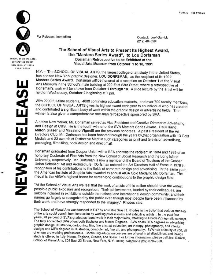 Press Releases depicts: typed press release on Visual Arts Gallery letterhead