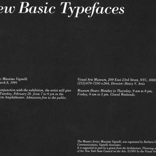 Announcements and invitations depicts: Card for The Masters Series: Massimo Vignelli: A Few Basic Typefaces, detailing lecture title, dates, and location