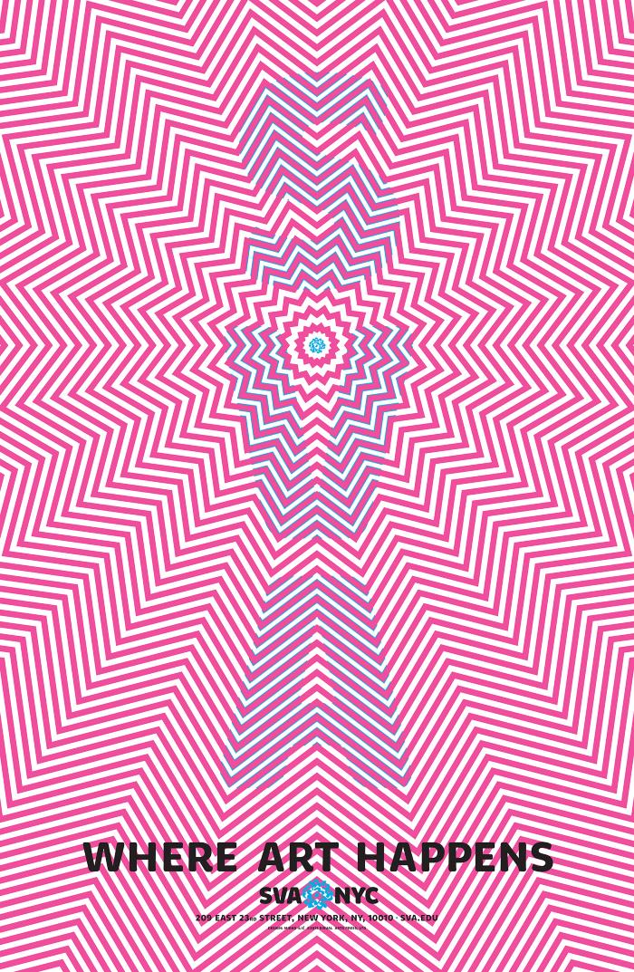 Posters depicts: Pink and white illusionary graphic that appears to be moving; SVA is spelled out vertically in light blue.