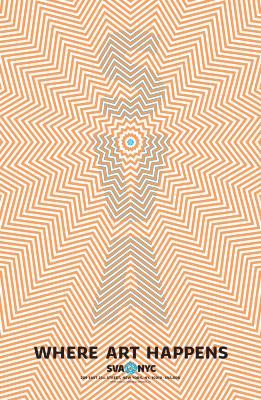 Posters depicts: Orange and white illusionary graphic that appears to be moving; SVA is spelled out vertically in light blue.