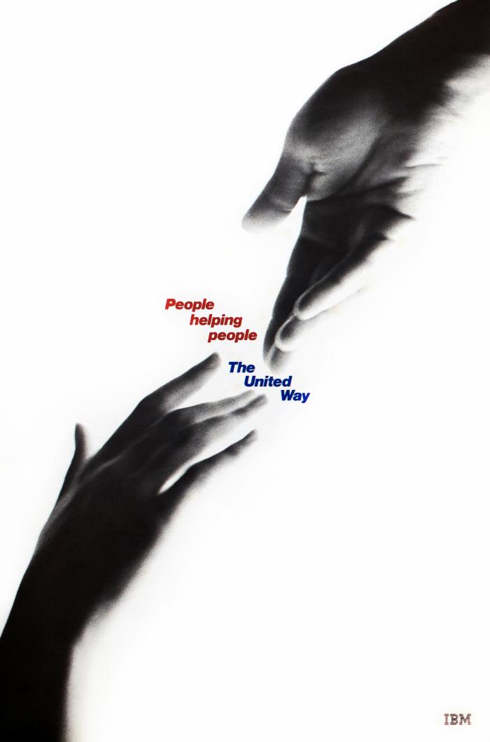 Posters depicts: Two hands reach towards each other from the corners of a page, in between the hands is the text "People helping people, the United way" in red and blue text