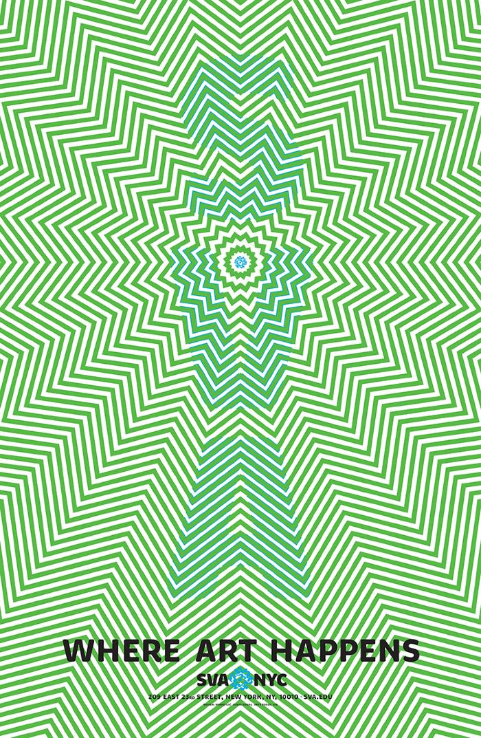 Posters depicts: Green and white illusionary graphic that appears to be moving; SVA is spelled out vertically in light blue.