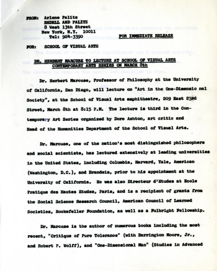 Press Releases depicts: typed press release, page 1 of 2