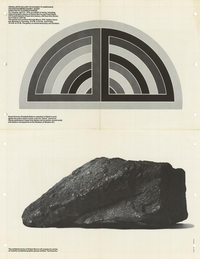 Posters depicts: Black and white arcs on top half and black rock on bottom half; printed on grid paper