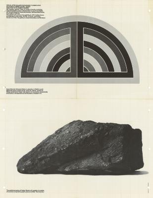Posters depicts: Black and white arcs on top half and black rock on bottom half; printed on grid paper