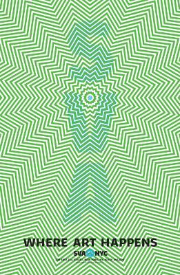 Posters depicts: Green and white illusionary graphic that appears to be moving; SVA is spelled out vertically in light blue.