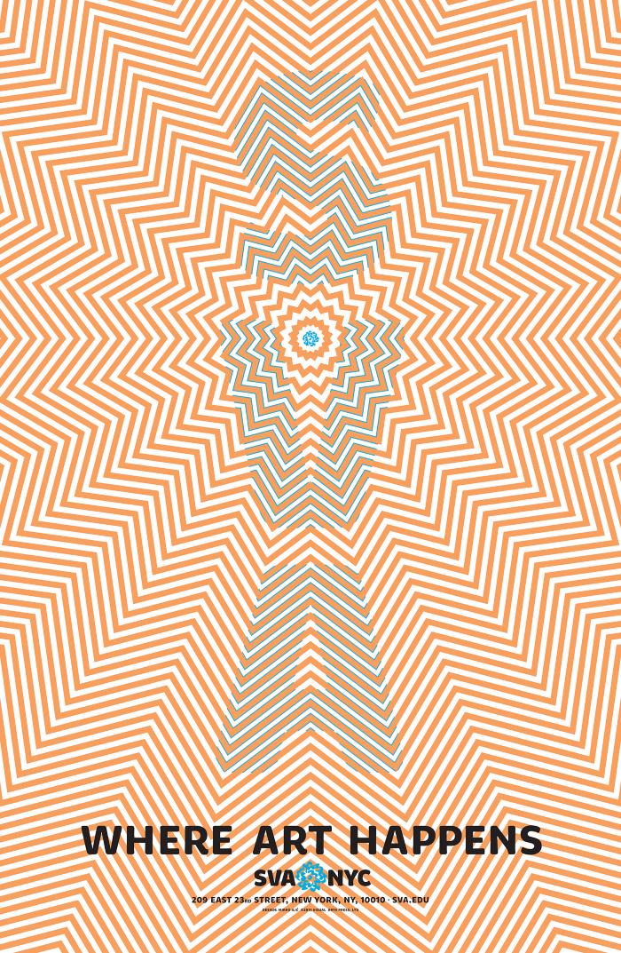 Posters depicts: Orange and white illusionary graphic that appears to be moving; SVA is spelled out vertically in light blue.