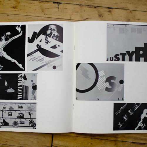 Booklet/Brochure depicts: Magazine spread with 7 black and white images, two of a gymnast, one of a jazz musician, the others utilizing design and type 