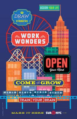 Posters depicts: Colorful graphic of a subway track passing a cityscape, including a ferris wheel and roller coaster, against a dark blue background.