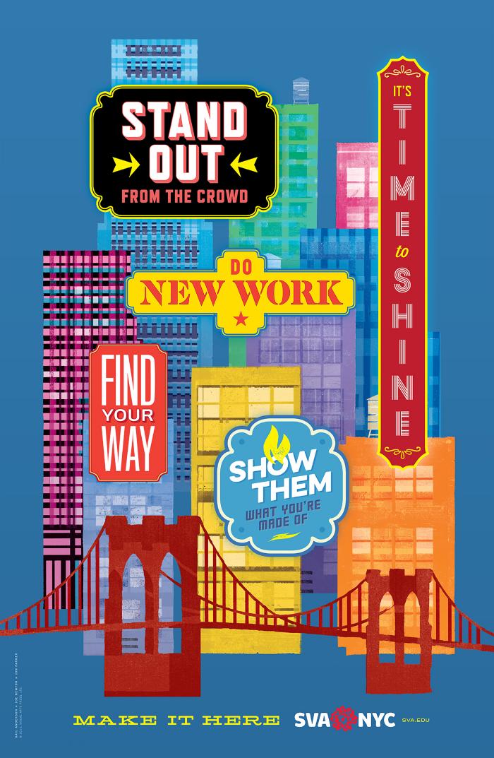 Posters depicts: Colorful graphic of a cityscape, including the Brooklyn bridge, against a blue background.