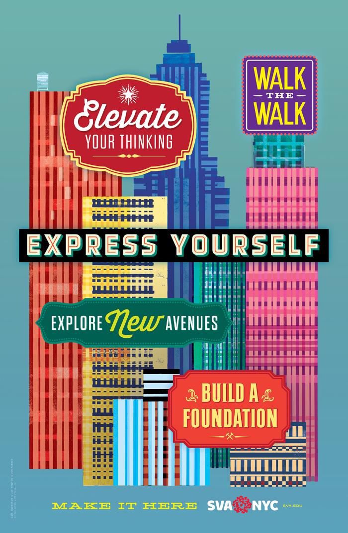 Posters depicts: Colorful, geometric graphic of a cityscape against a blue background. Supplementary text is contained in sign-like shapes.