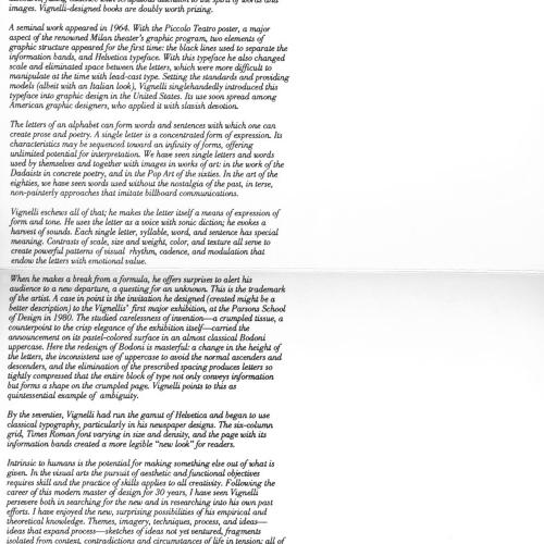 Announcements and invitations depicts: excerpt about Vignelli from Mildred Constantine's essay "On Graphics"