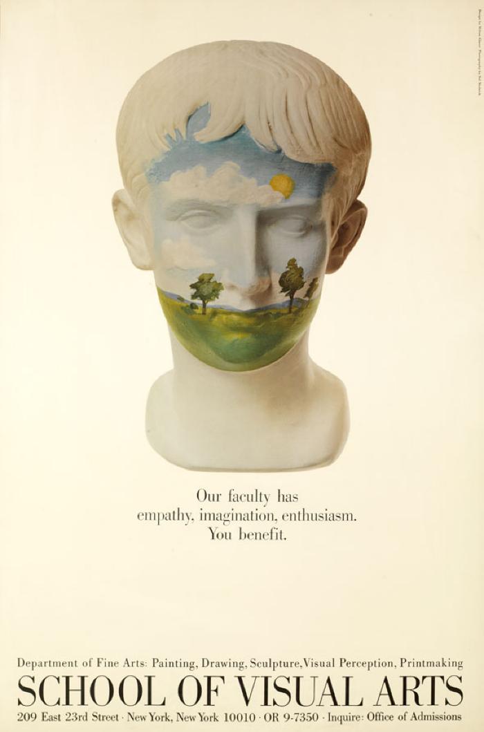 Posters depicts: Photograph of a Roman bust of a man's head with a forest scene painted on it.