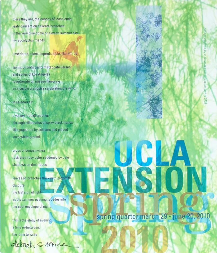 Bulletins and catalogs depicts: A blown out green photo of foliage with a yellow image of a figure with a chair, and a blue photo of different foliage is on top