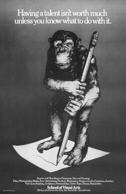 Posters depicts: Detailed black and white illustration of a chimp holding a large pencil and drawing on a piece of paper.