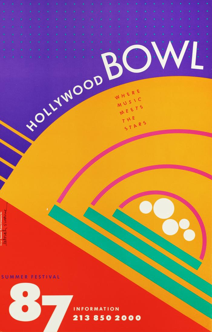 Posters depicts: Yellow, orange, blue, and purple abstract geometric design utilizing lines, circles, and arches 