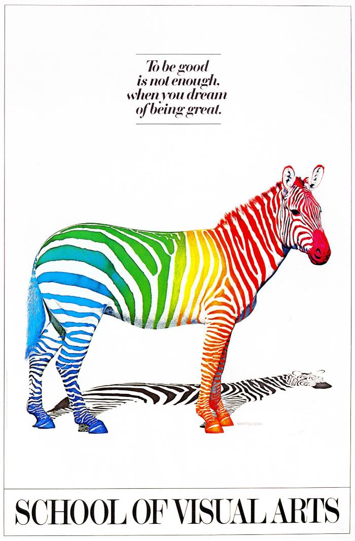Posters depicts: Realistic illustration of a zebra with rainbow stripes against a white background.