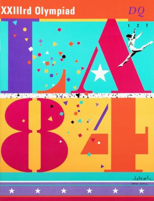 Serial Publications depicts: "LA 84" is written in a very colorful style with colorful confetti and a gymnast in front of it
