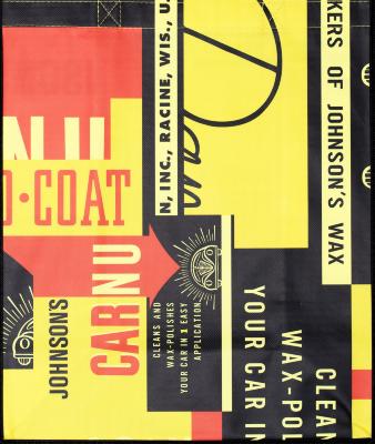 Three-Dimensional Objects depicts: Tote bag with various yellow, black, and red signage for car wax collaged together 