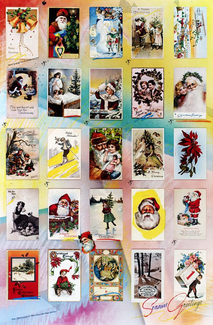 Posters depicts: 25 Christmas themed illustrations are shown over a colorful gradient background 