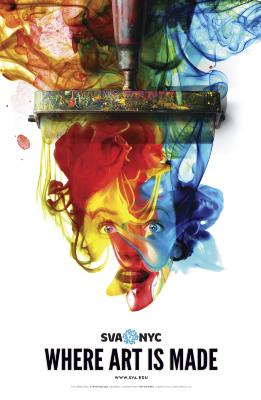 Posters depicts: Graphic of a colorful paint roller revealing a woman's shocked face against a white background.