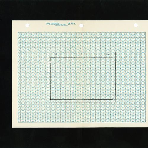 Posters depicts: A drawing of diagonal graph paper on a sheet of diagonal graph paper with a black border with exhibition details at the top left