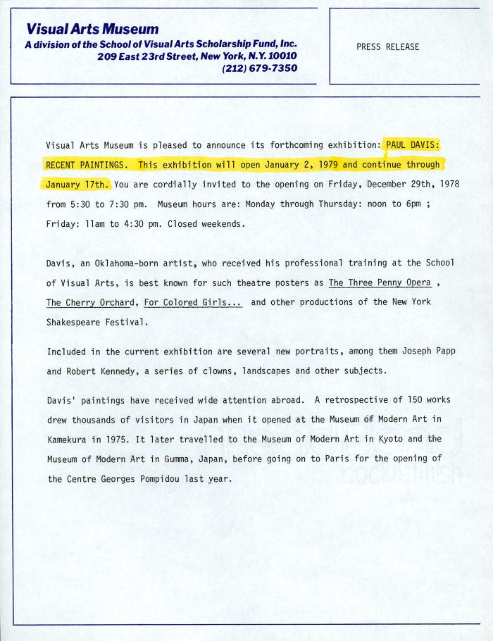 Press Releases depicts: Typewritten description of exhibition