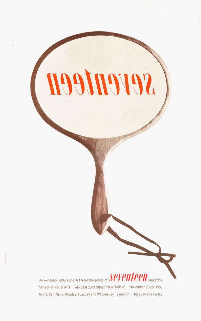 Posters depicts: A handmirror with a mirror image of the logotype "seventeen" above exhibition information. 