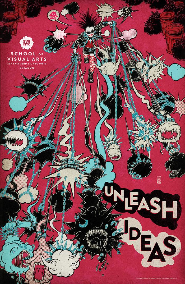 Posters depicts: Aerial view of a punk woman holding many ideas (represented as black, blue and white amorphous clouds with fangs) on chains and leashes against a hot pink background.