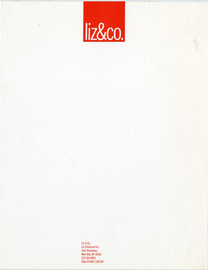 Letterheads/Stationery depicts: "liz&co." inside a red square oriented to the center top of letterhead paper. 