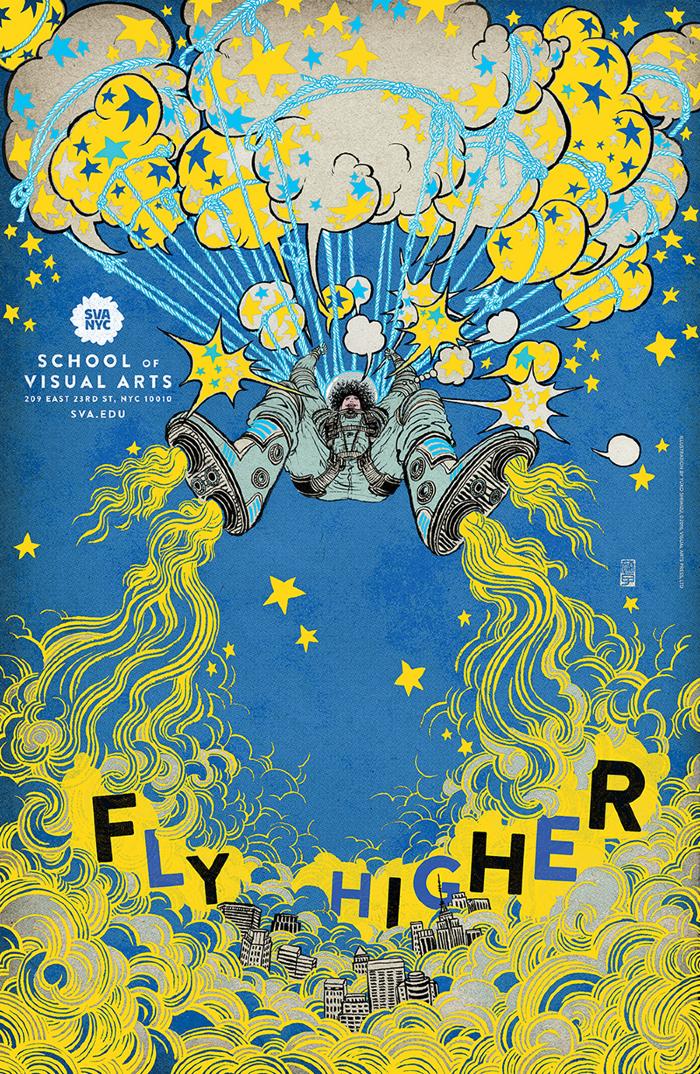 Posters depicts: View from below of a female astronaut blasting into the sky, hoisted by clouds tied with rope against a blue and yellow background.