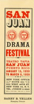 Letterheads/Stationery depicts: Column of "SAN JUAN DRAMA FESTIVAL" separated by 2 sol drawings with faces. Address at the bottom. 