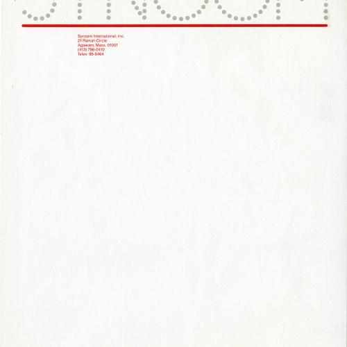 Letterheads/Stationery depicts: "SYNCOM" in dotted font oriented to the top and underlined in red. 