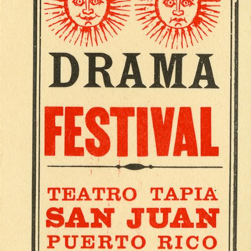Letterheads/Stationery depicts: Column of "SAN JUAN DRAMA FESTIVAL" separated by 2 sol drawings with faces. Address at the bottom. 
