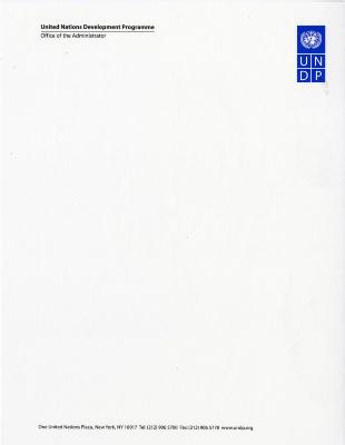 Letterheads/Stationery depicts: Map of the world in a circle with leaves encircling it inside a square on top of a 2x2 grid with "PNUD" in each box. 