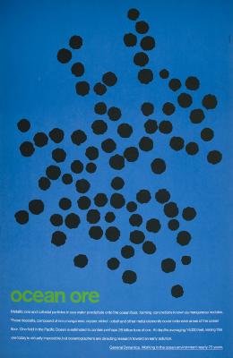 Posters depicts: Blue background with several irregularly shaped black dots scattered in a loose clump. At bottom, title "ocean ore" above paragraph about underwater ore deposits.
