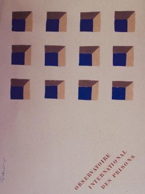 Posters depicts: An abstract grate on a brown wall, opening onto blue sky, with name of organization in bottom left in red stencil.