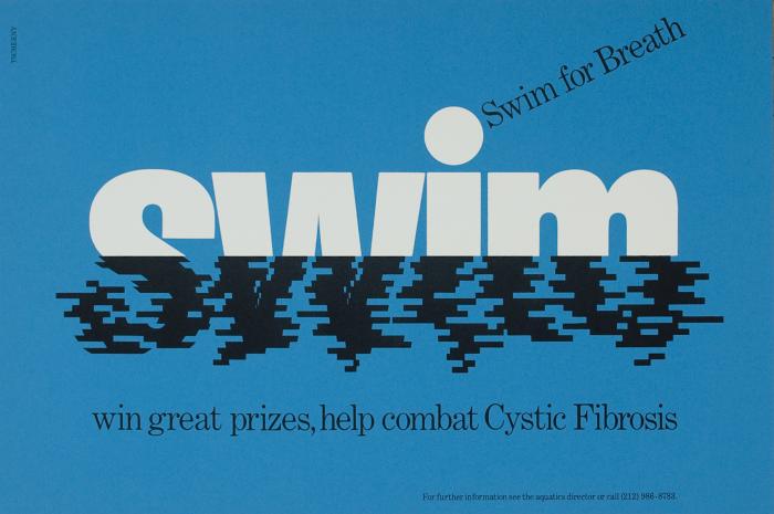 Posters depicts: The word swim, top half white block typeface, bottom half black, wavy, and pixelated, as if submerged. "Swim for Breath" radiates out from dot of the 'i' in "swim;" below is typed "win great prizes, help combat Cystic Fibrosis"