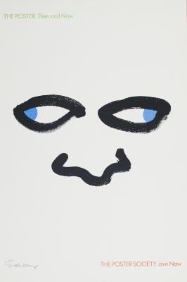 Posters depicts: Blank ink outline in rough brush strokes nose and eyes blue ink irises facing in opposite directions.