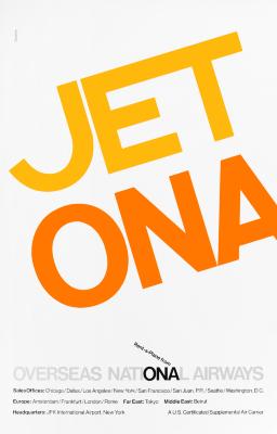 Posters depicts: "Jet ONA" in large orange letters. At bottom, "Overseas National Airways" set in gray, the "ona" in "National" set in black. The phrase "rent a plane" is set at a slant above the black "ONA"