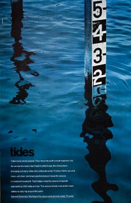 Posters depicts: Photograph of staff gauge submerged in water up to the two foot mark. "Tides" in bottom left corner above a paragraph of facts about tides.