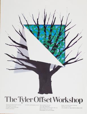 Posters depicts: Black ink drawing of a bare tree. In the center, a triangle of the page has been cut and peeled back to reveal the same branches against a blue sky with green leaves. At bottom, name of workshop and details.