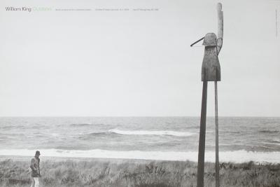 Posters depicts: Black and white photo of ocean, a man standing in sea grass in the foreground opposite a tall, abstract metal sculpture 