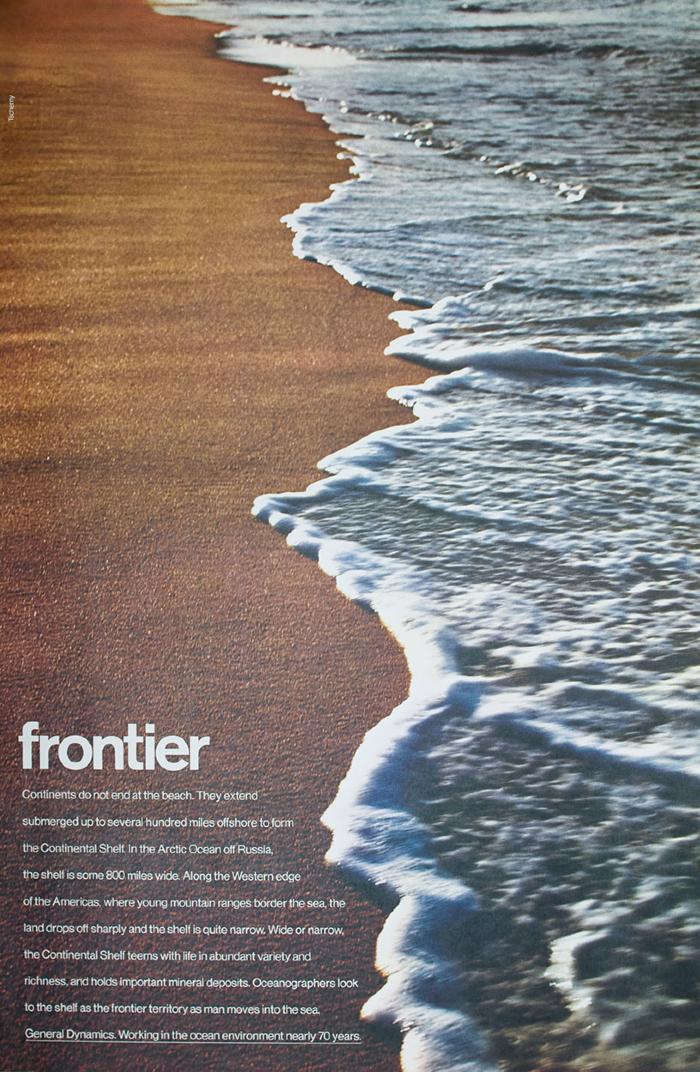 Posters depicts: Photograph of waves meeting the beach, forming an irregular demarcation from top to bottom. Lower left, title "frontier" above paragraph about the continental shelf.  