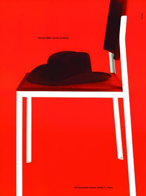 Advertisements, Digital Files depicts: A bowler hat sits on a chair in front of a red background 