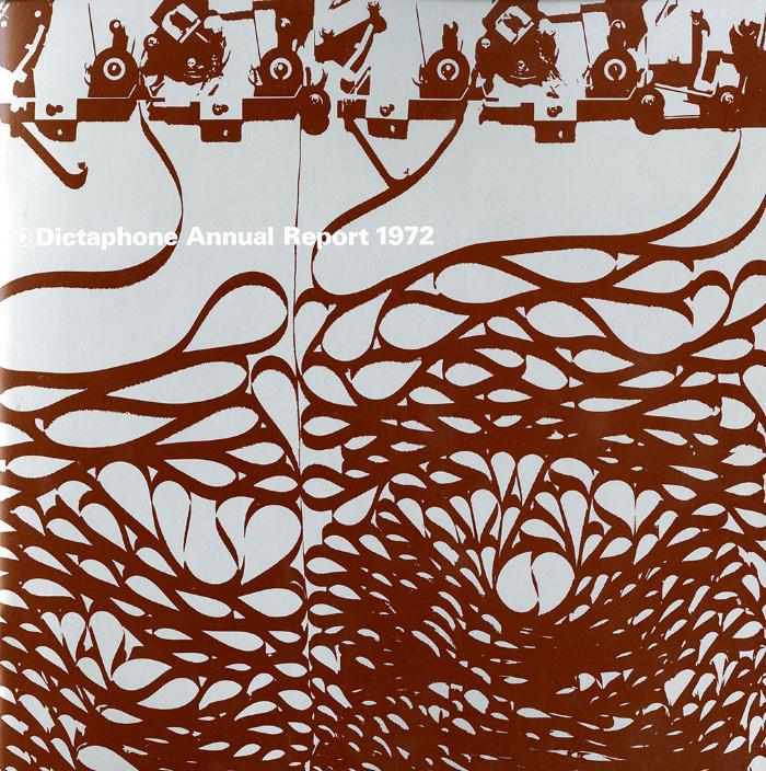 Annual Reports and Corporate Communications depicts: Dictaphone machines producing long strips that are piling up at the bottom. 