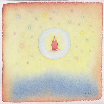 Cards depicts: Watercolor illustration of Santa in a white circle surrounded by colorful watercolor blends 