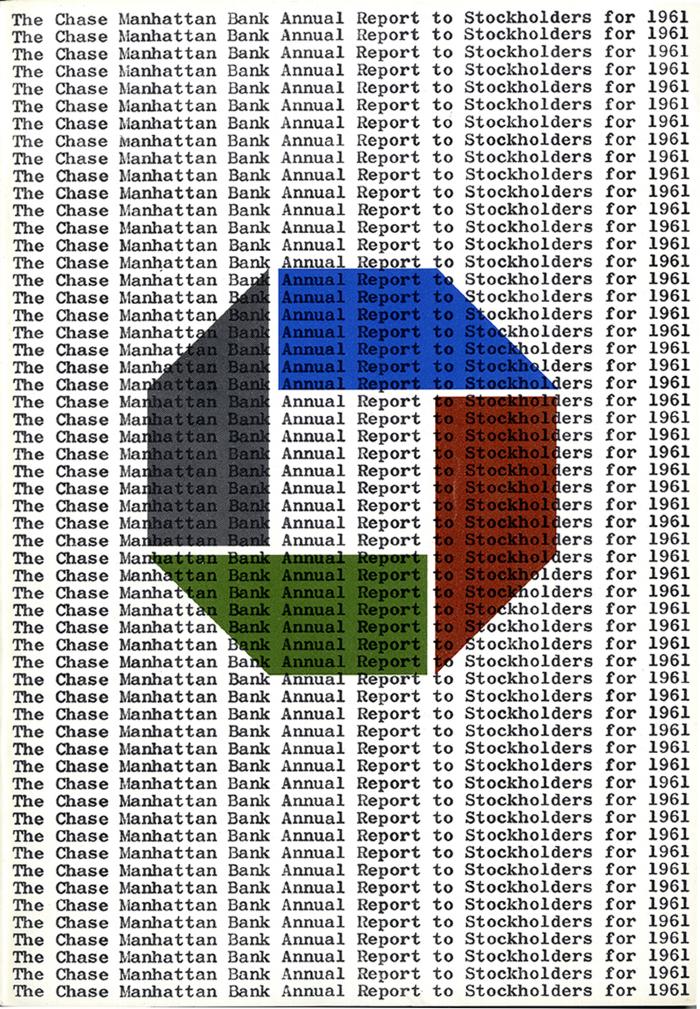 Annual Reports and Corporate Communications depicts: Chase logo in red, gray, green and red behind a wall of repeating text. 