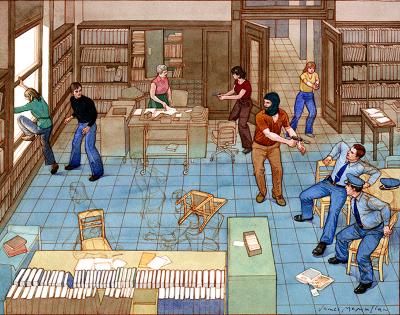 Original Art depicts: Birds eye view of part of a library with several chairs knocked over and several men with guns in the upper middle of the image holding two policemen hostage to the right with two people trying to escape out the window to the left.